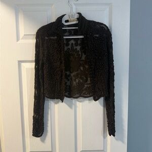 Cache - Brown -  Sheer Embroidered Top - Small